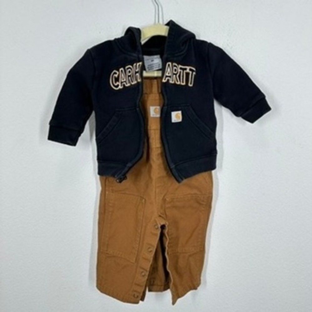 Carhartt Baby Toddler Set Brown Canvas Bib Overalls and Black Sweatshirt Size 6M - Picture 3 of 16